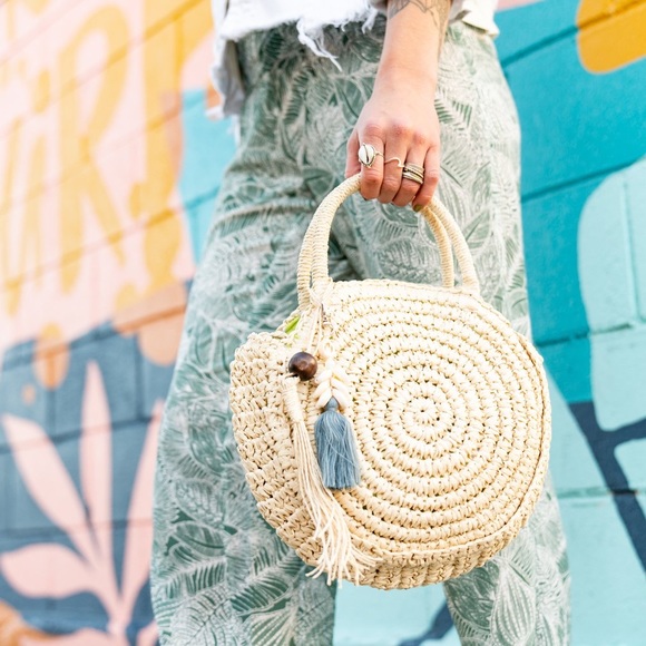 Solid & Striped Straw Boho Beach Bag - Picture 2 of 6